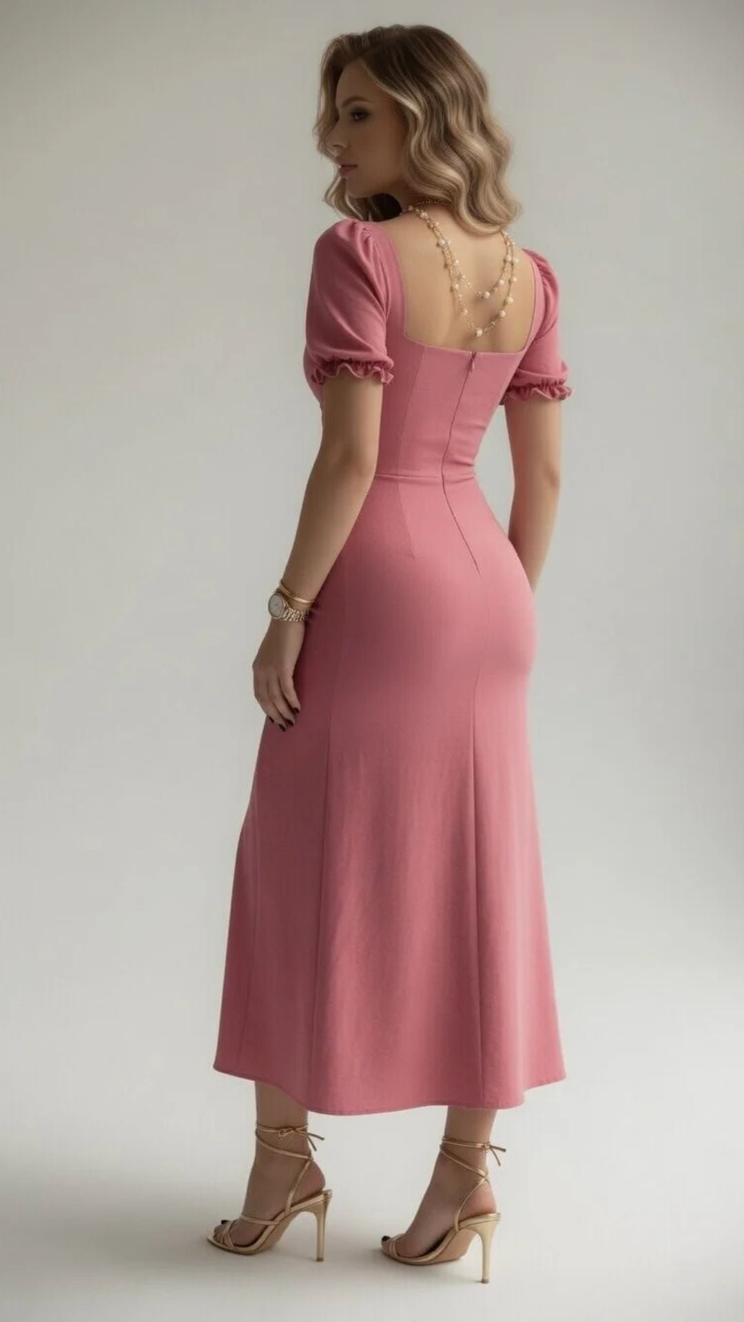 Puff Sleeve Button-Detail Split Midi Dress