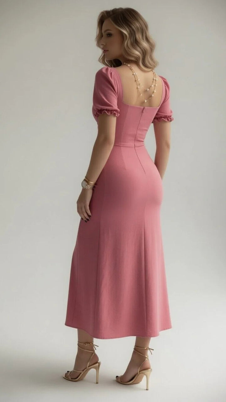 Puff Sleeve Button-Detail Split Midi Dress