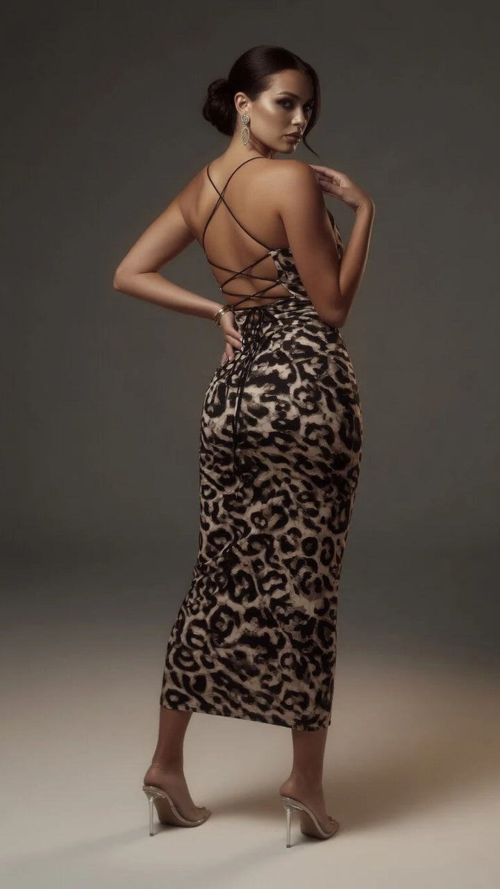 Animal Print Spaghetti Strap Bodycon Midi Dress