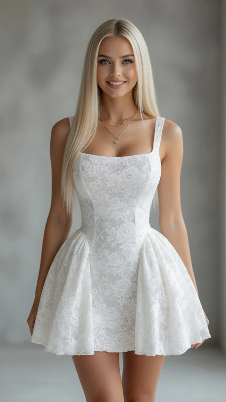White Floral Lace Square Collar Mini Dress