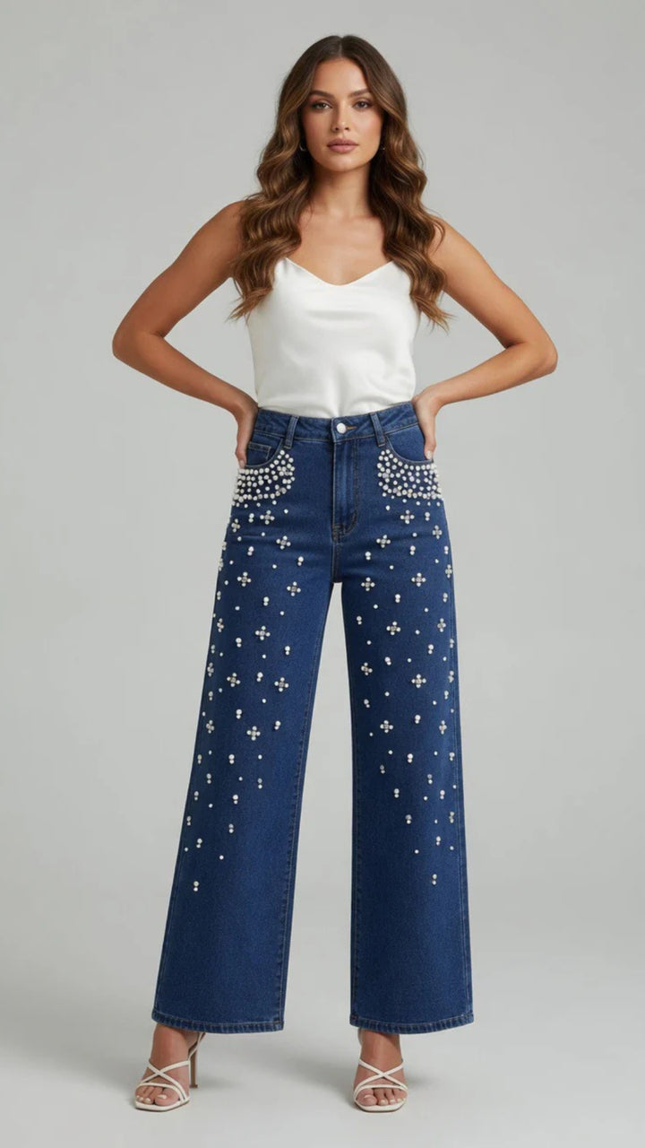 Beaded Detail Straight Leg Denim Jeans