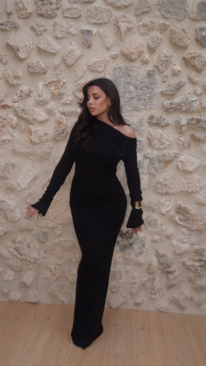 Off-Shoulder Long Sleeve Ruched Bodycon Maxi Dress