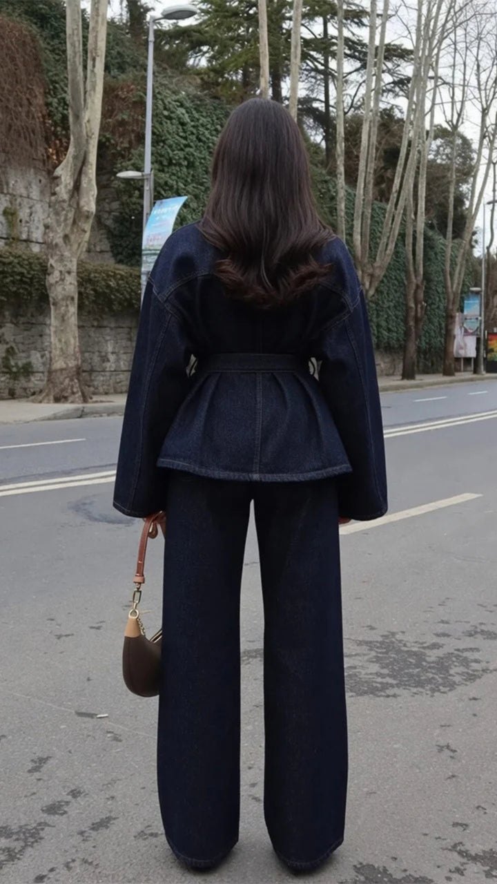 Indigo Blue Belted Denim Jacket &amp; Wide-Leg Jeans Set