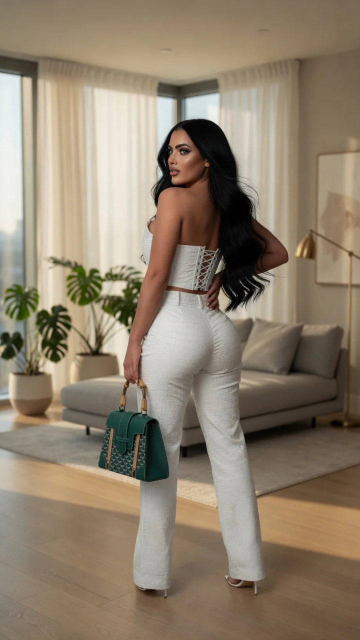Faux Leather Crocodile Detail Cropped Top and Trouser Set