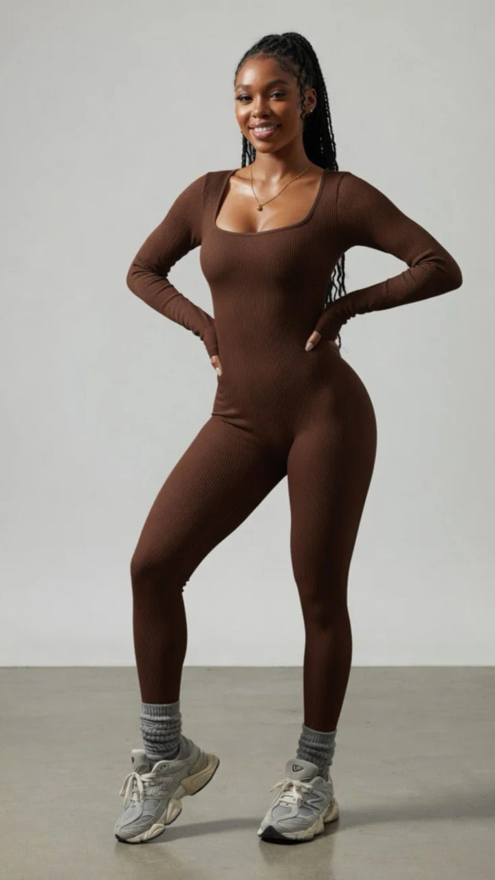 Ribbed Long Sleeve Scoop Neck Jumpsuit