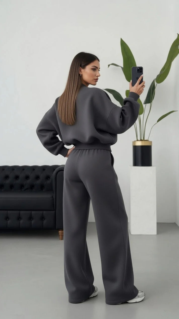Bomber Zip-Up Cropped Sweatshirt &amp; Wide Leg Trousers Set