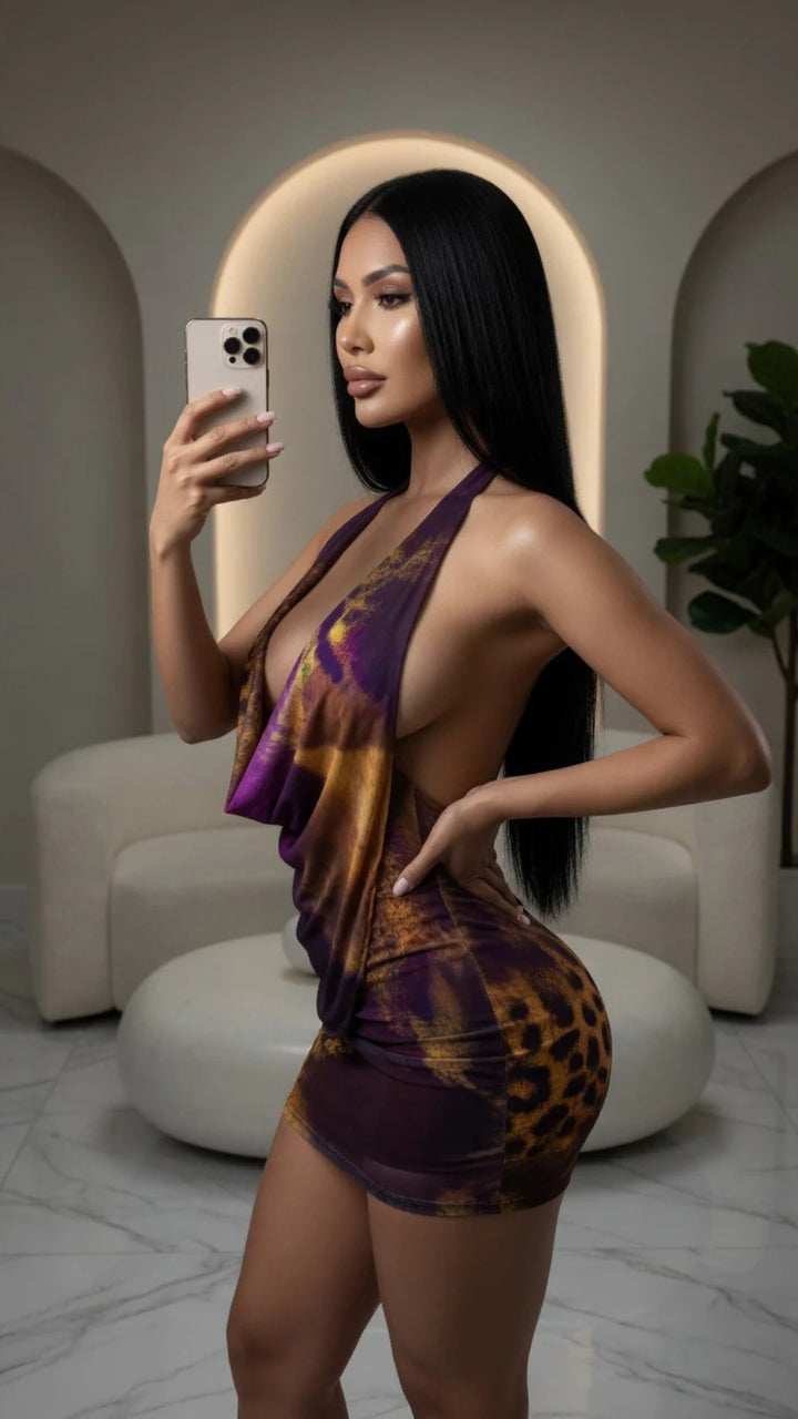 Purple &amp; Gold Leopard Print Mini Dress