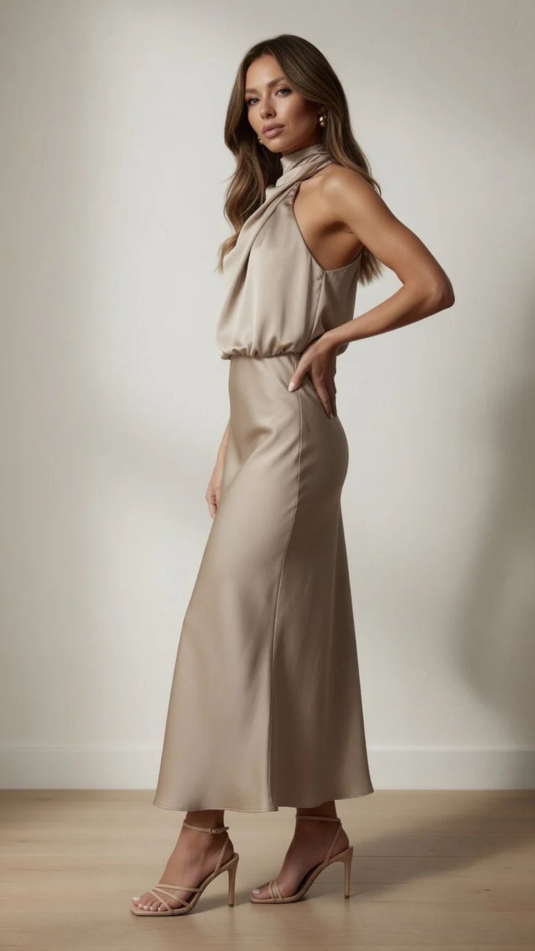 Satin Cowl Halter Neck Midi Dress