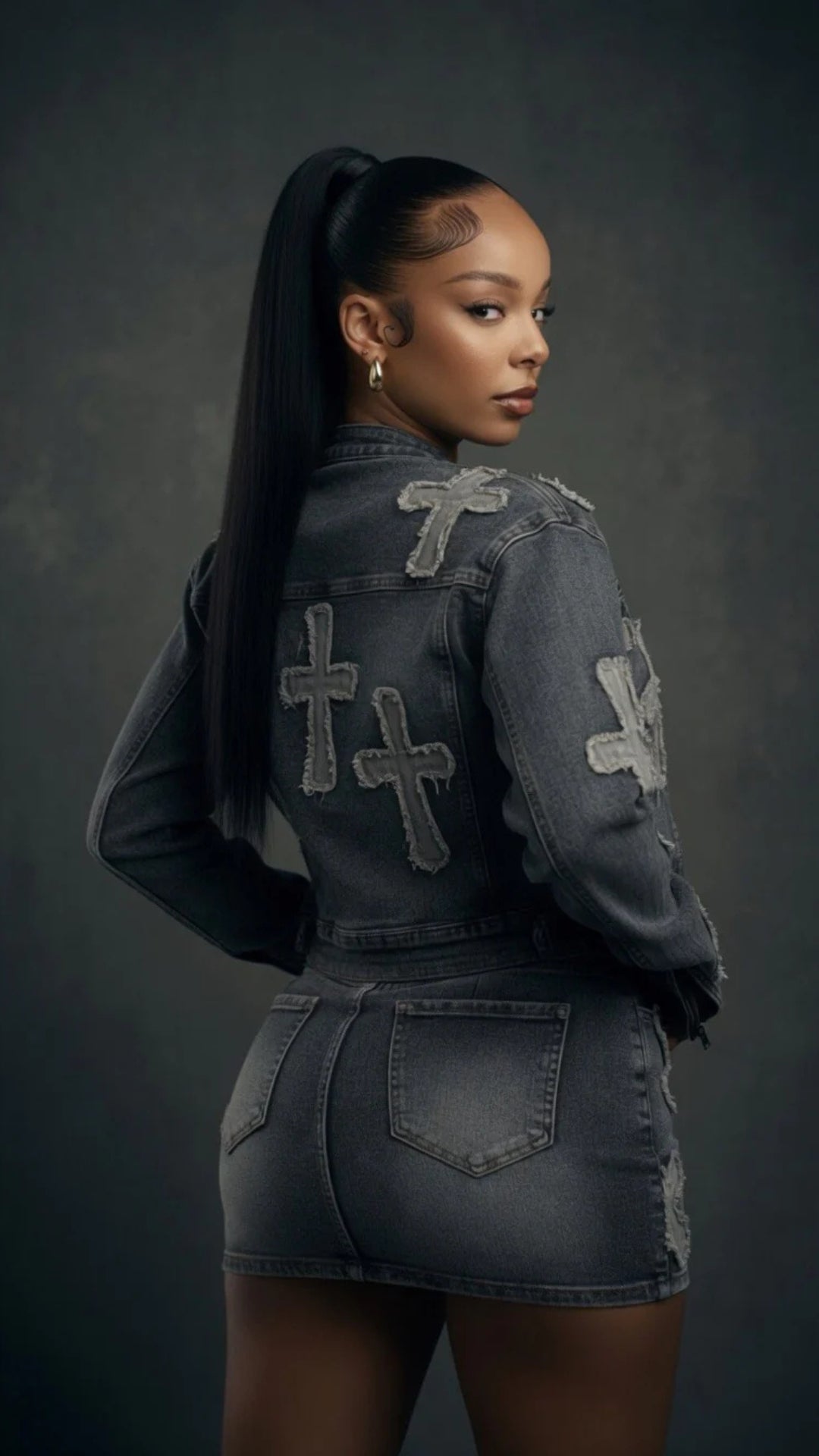 Cross Appliqué Patch Zip-Up Denim Jacket &amp; Mini Skirt Set