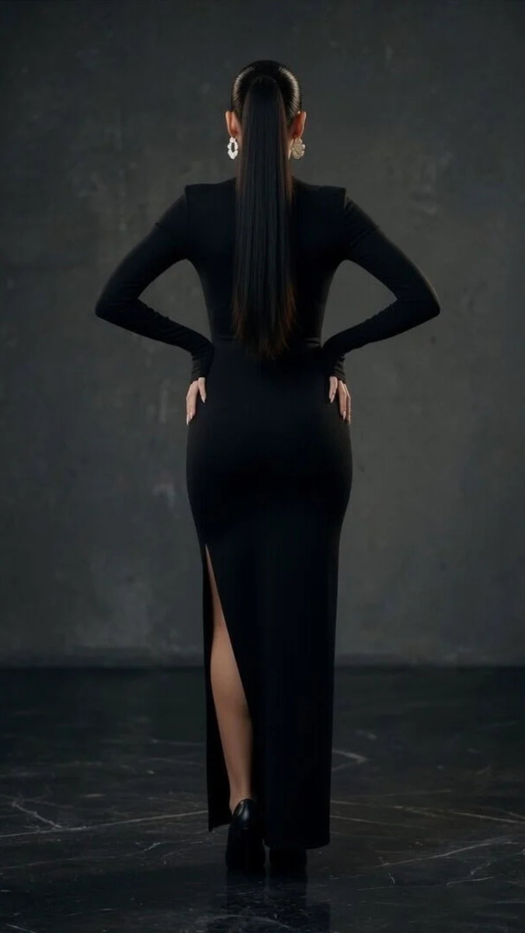 High-Neck Long Sleeve Slit Maxi Dress