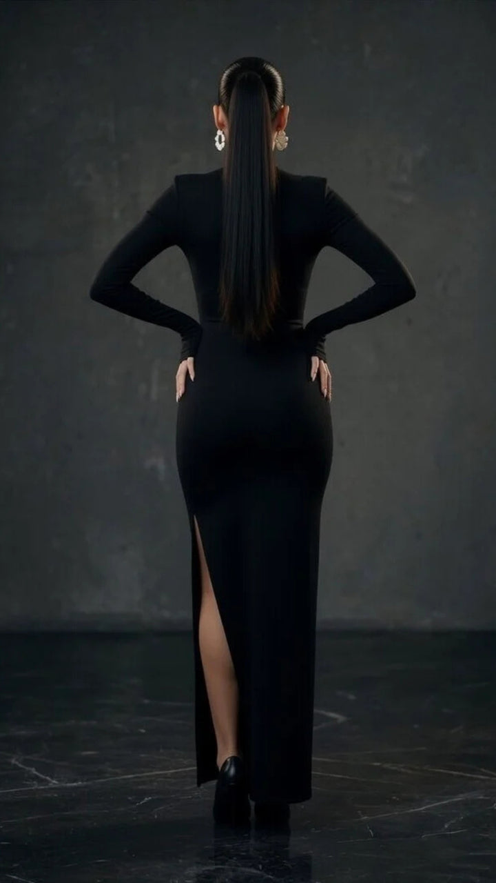 High-Neck Long Sleeve Slit Maxi Dress