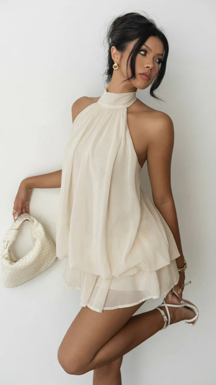 Halter-Neck Mesh Puffy Mini Dress
