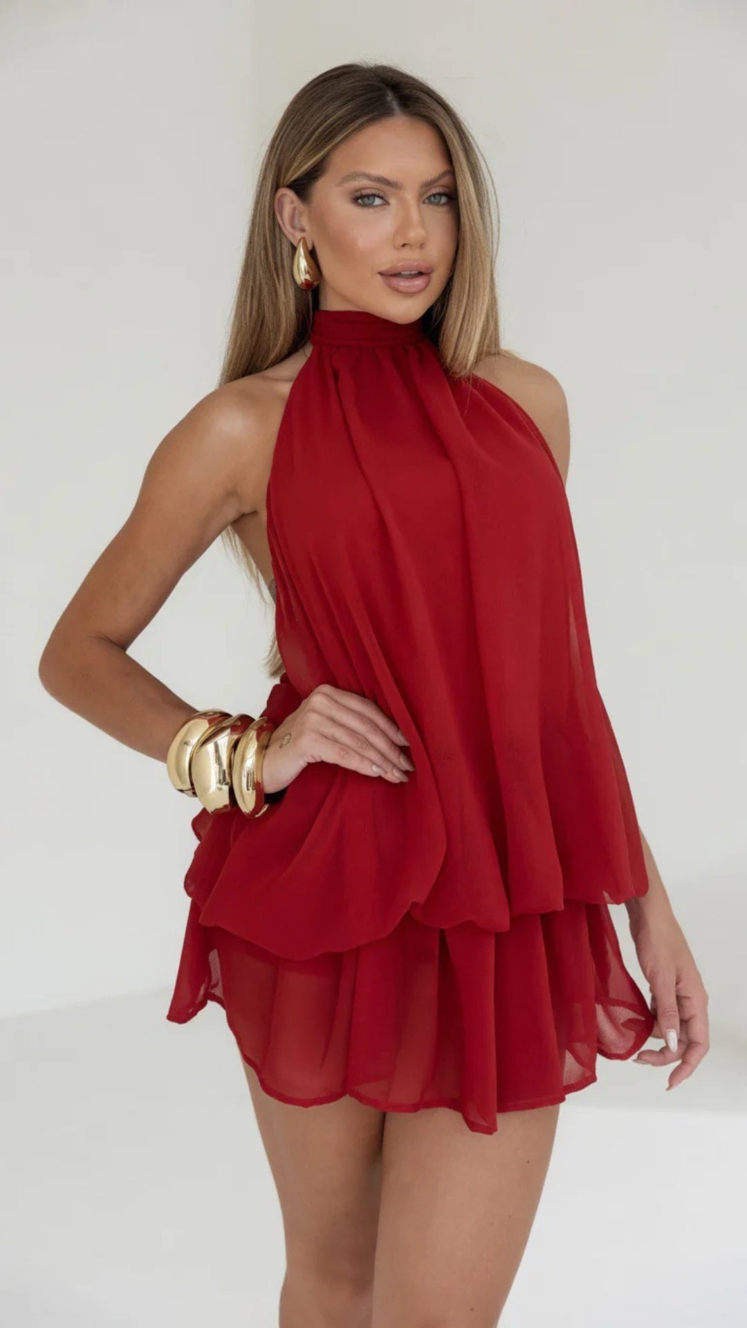 Halter-Neck Mesh Puffy Mini Dress