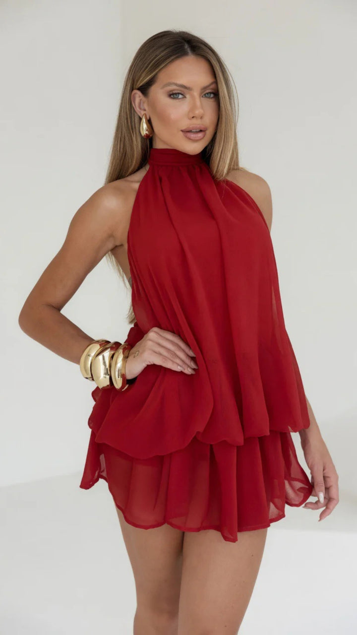 Halter-Neck Mesh Puffy Mini Dress
