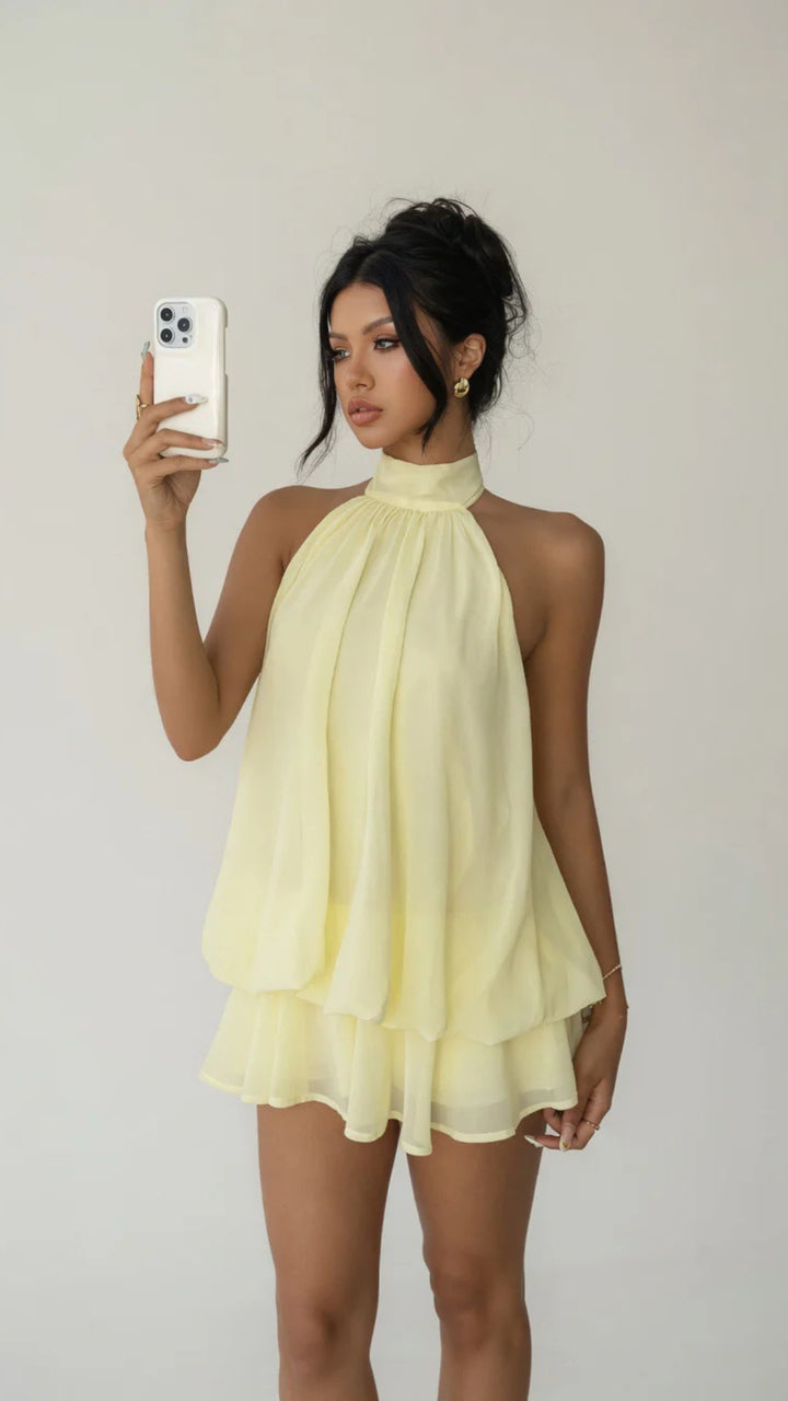Halter-Neck Mesh Puffy Mini Dress