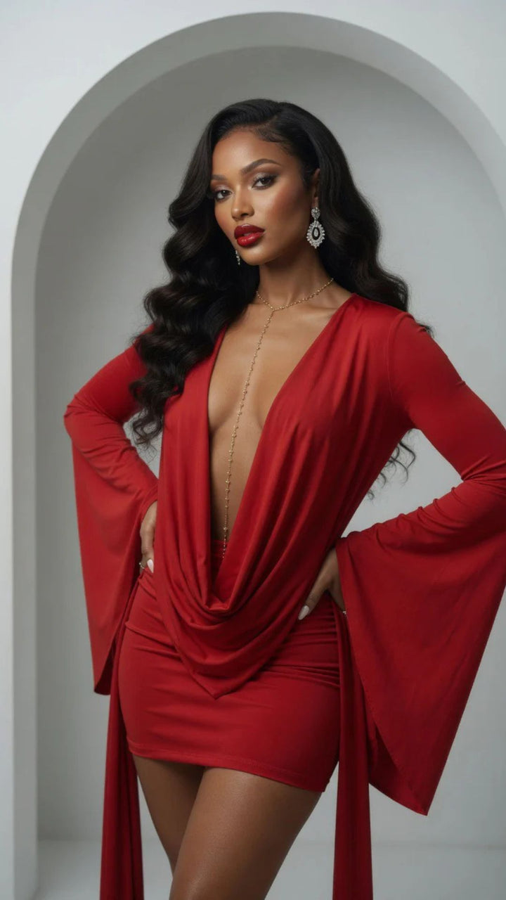 Mesh Cowl-Neck Long Sleeve Mini Dress