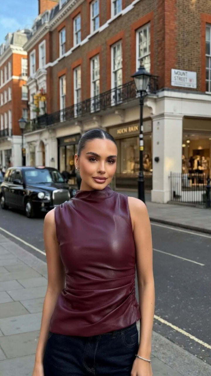 Faux Leather High Neck Sleeveless Top