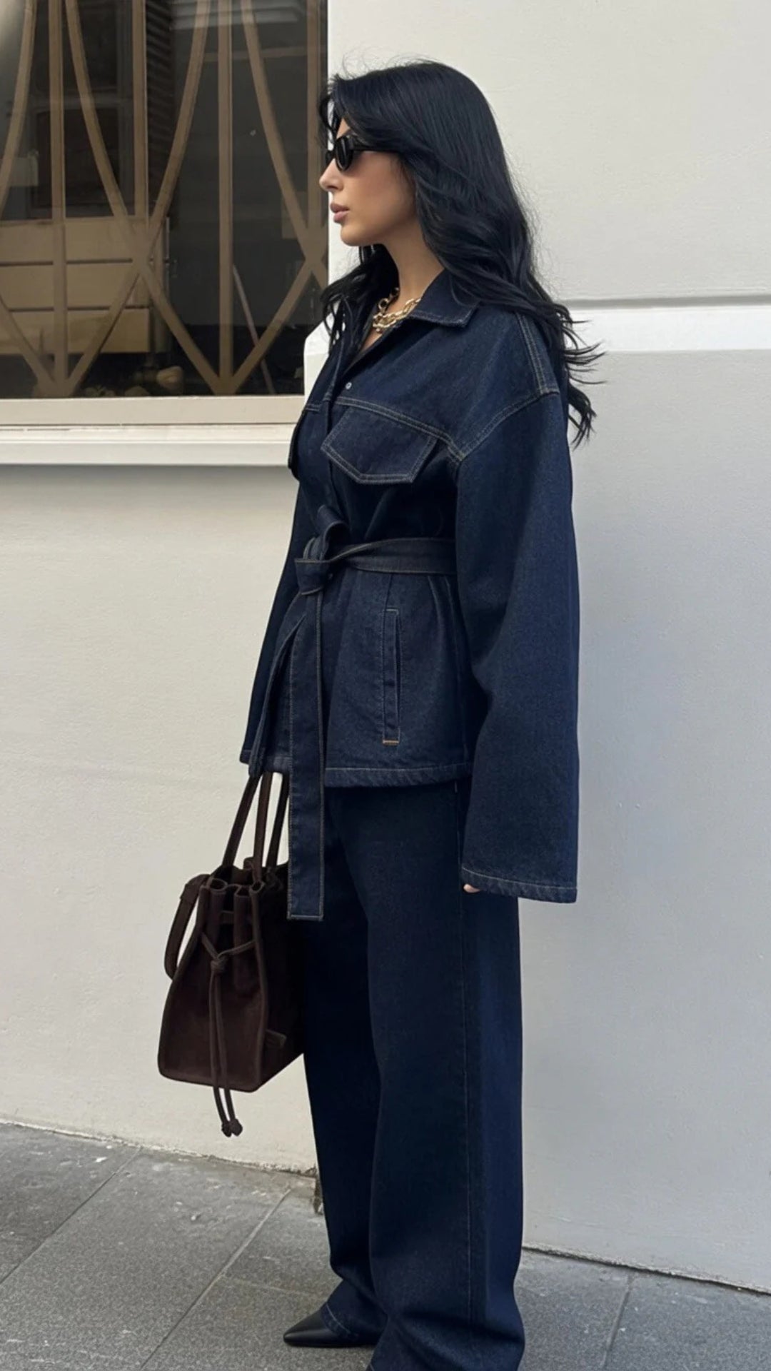 Indigo Blue Belted Denim Jacket &amp; Wide-Leg Jeans Set