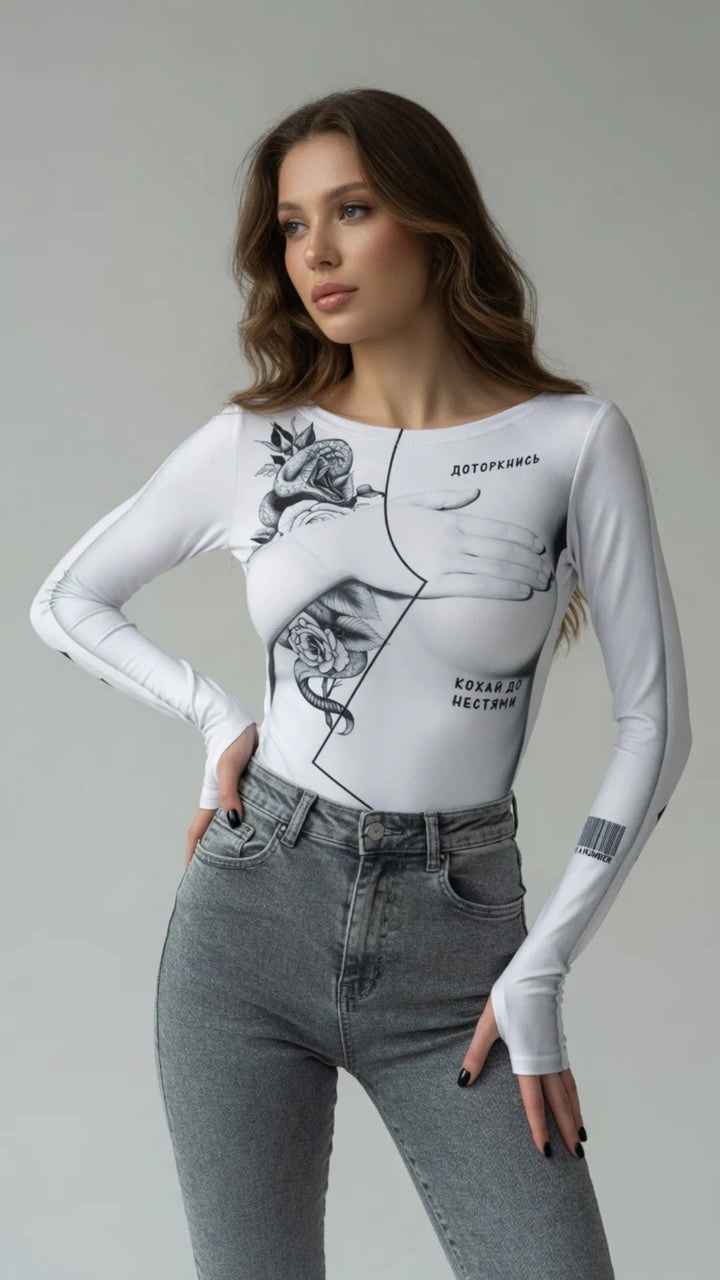 Printed Round Neck Long Sleeve Bodysuit