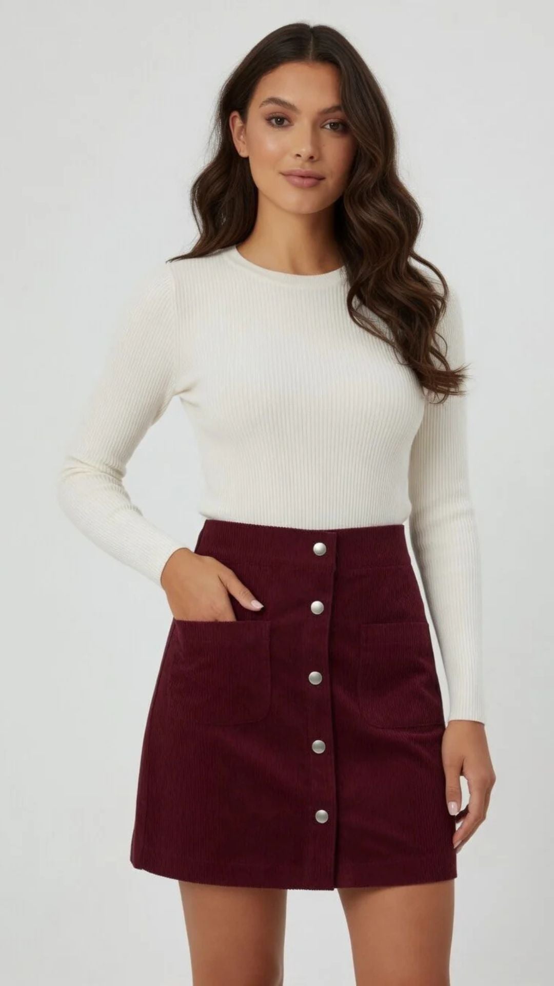 Corduroy Button Detail Mini Skirt with Pockets