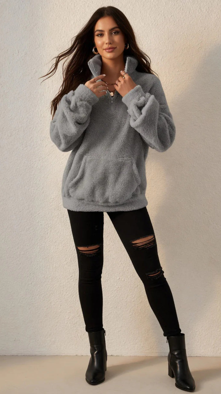 Fuzzy Zip Detail Sweatshirt