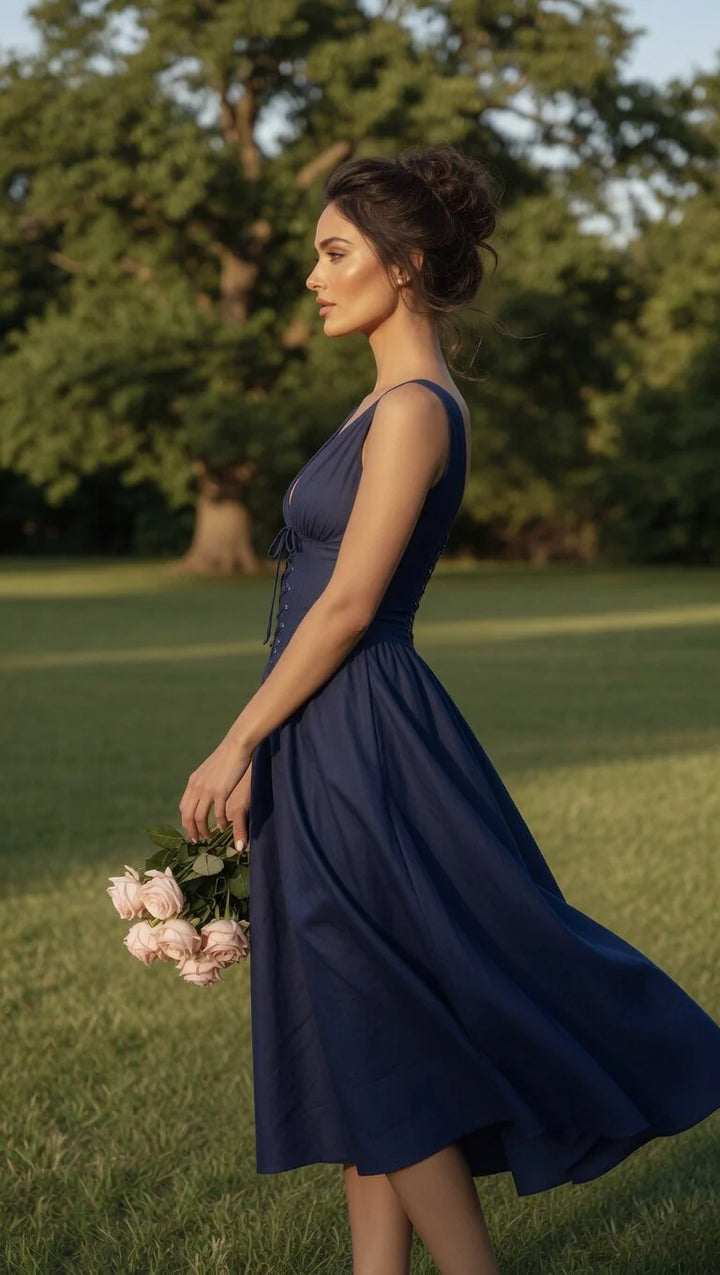 Deep V-Neck Corset Midi Dress