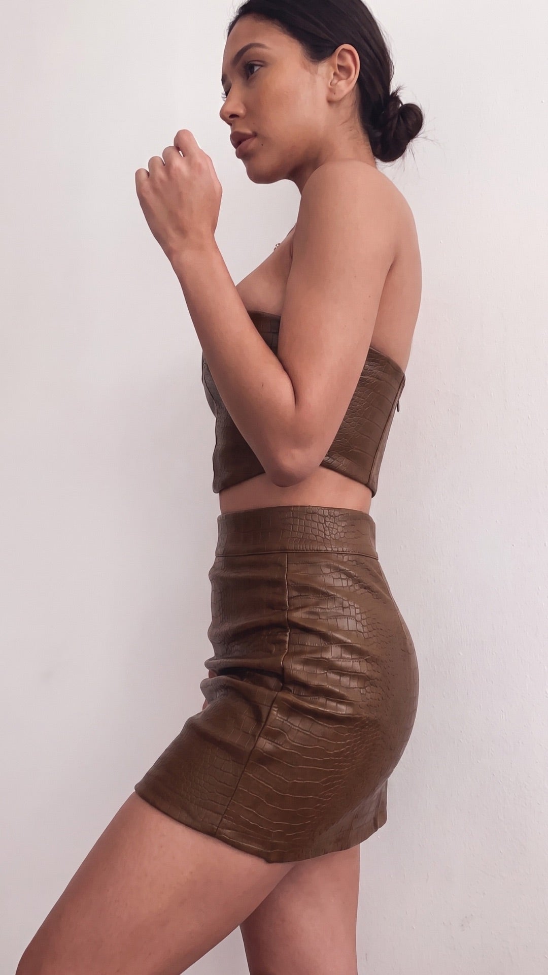 Croc Embossed Faux Leather Strapless Corset Top &amp; Mini Skirt Co-Ord Set