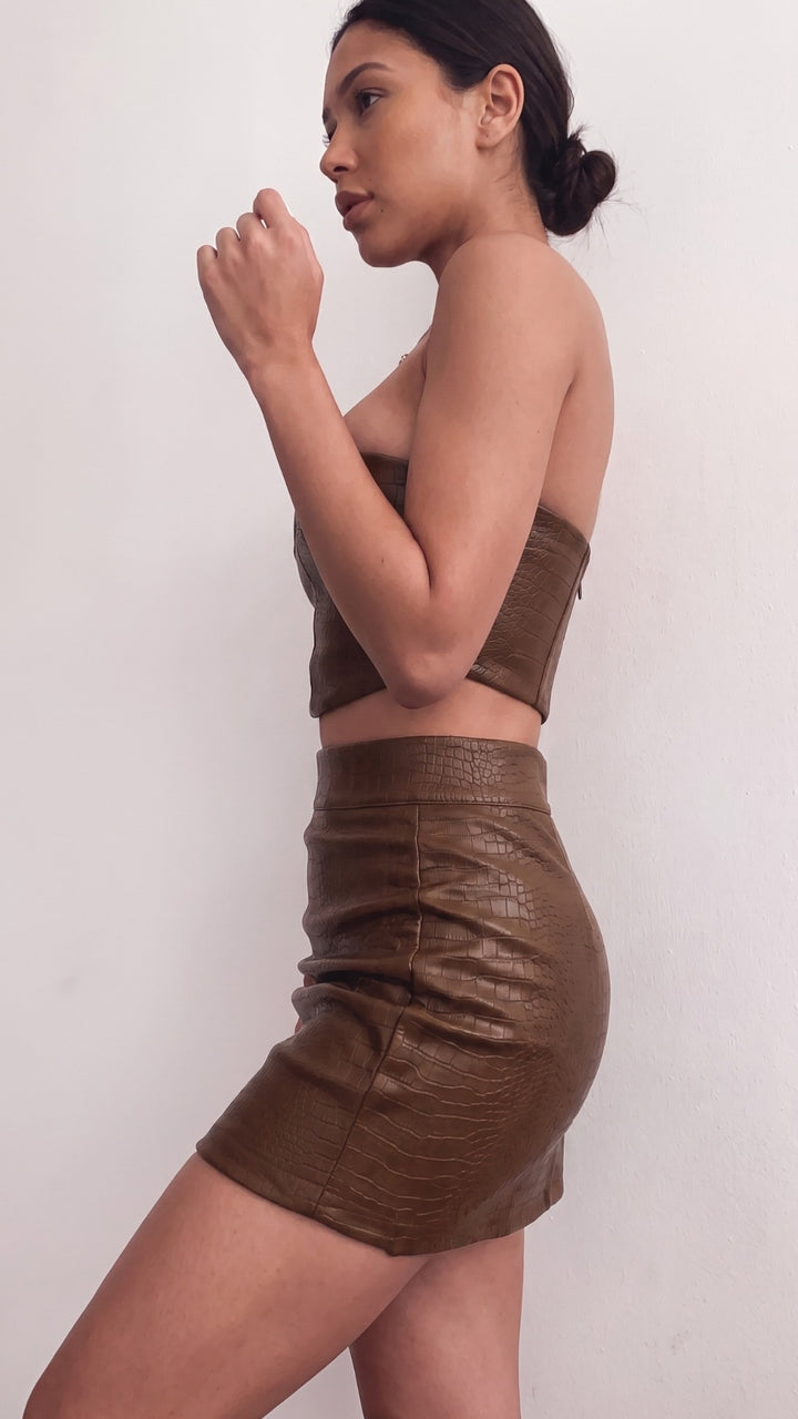 Croc Embossed Faux Leather Strapless Corset Top &amp; Mini Skirt Co-Ord Set