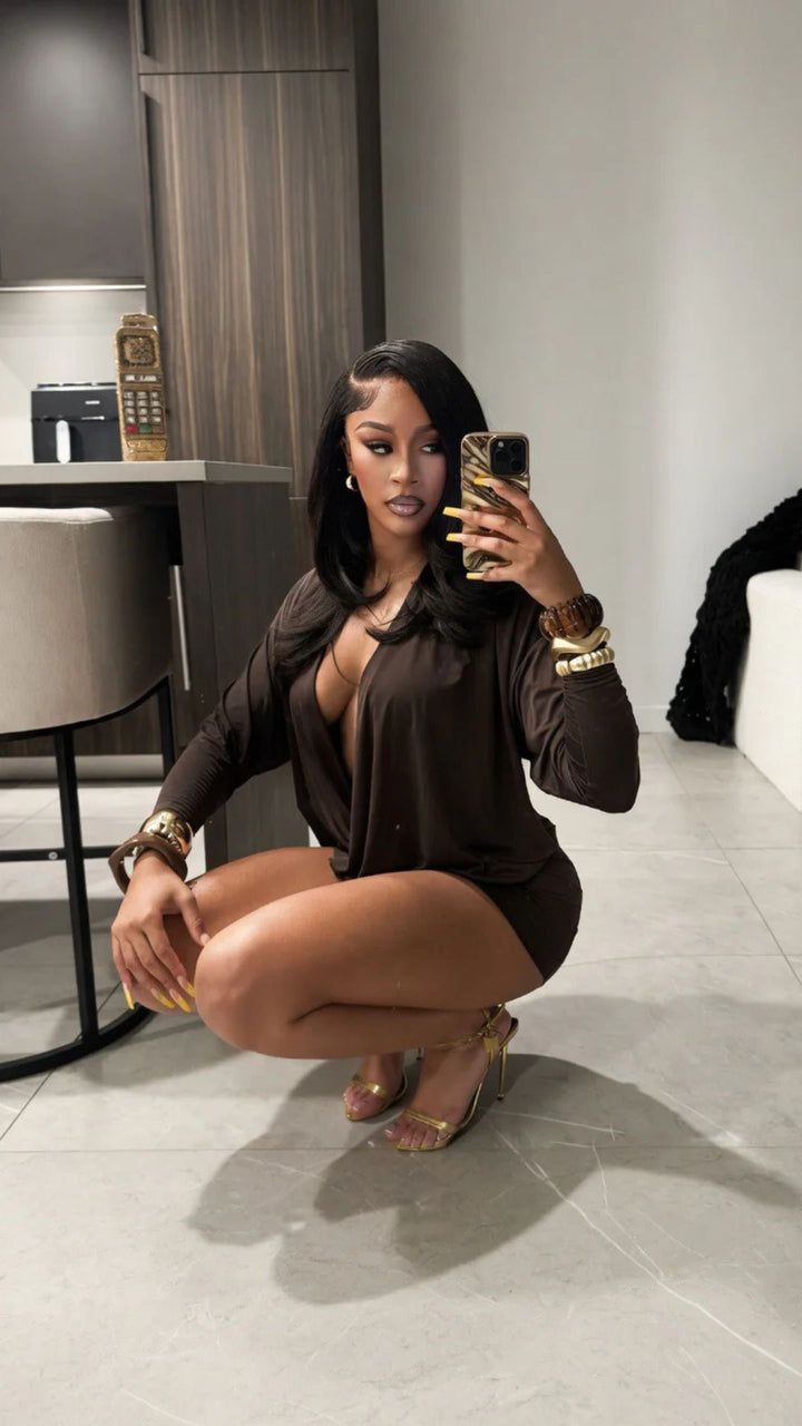 V-Neck Cowl-Neck Long Sleeve Mini Dress