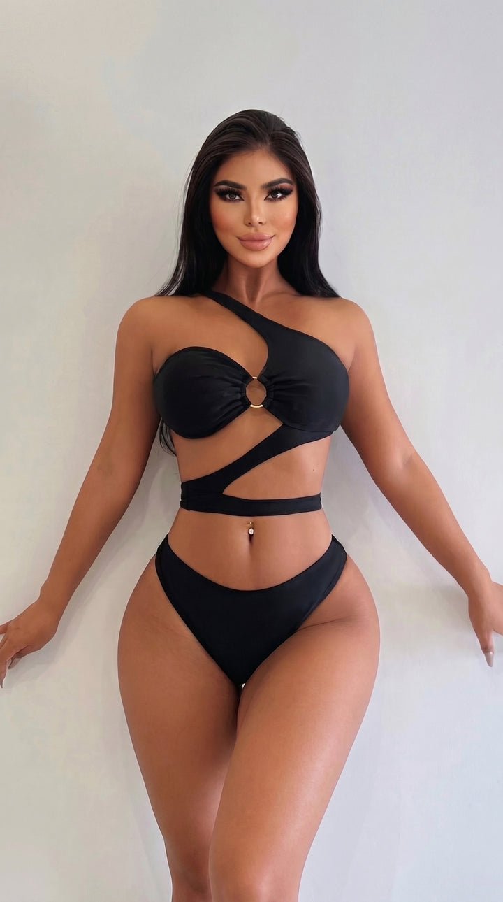 Black Asymmetrical Strappy Cut-Out Ring Bikini Set