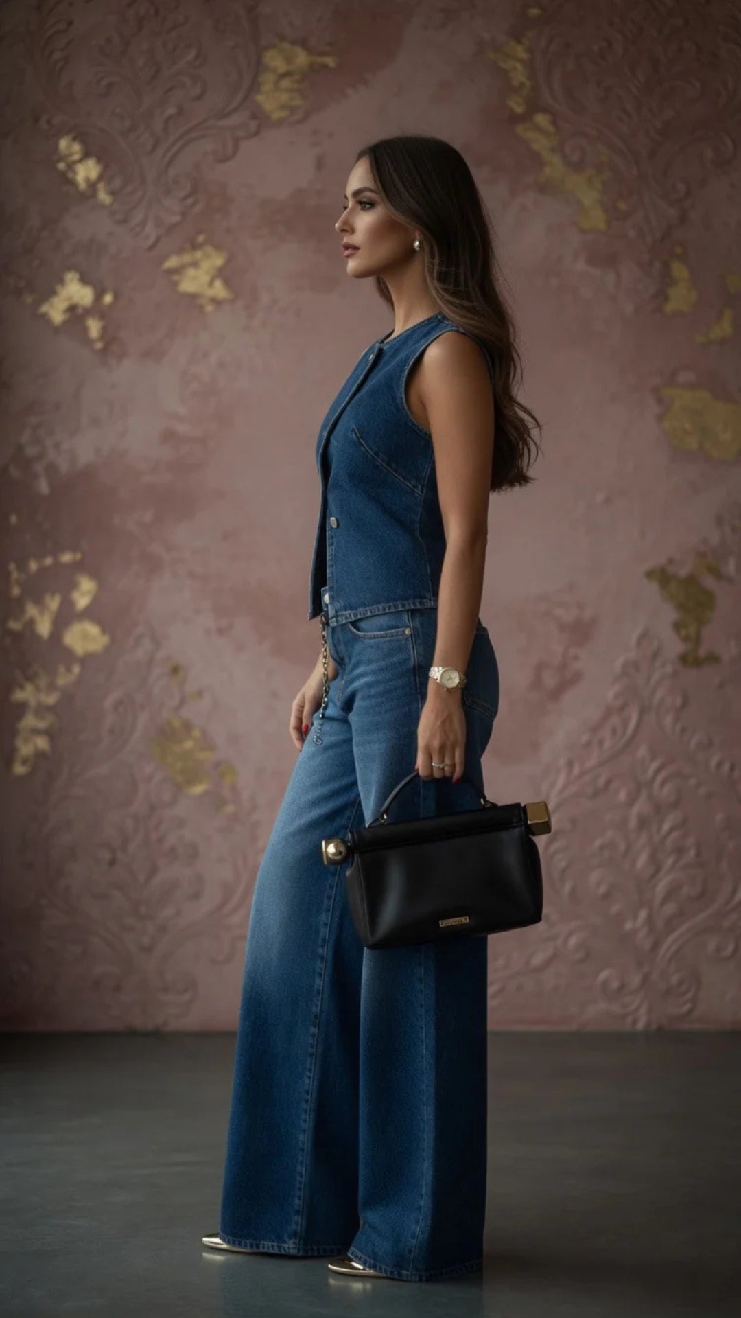 Denim Sleeveless Vest &amp; Wide Leg Jeans Set