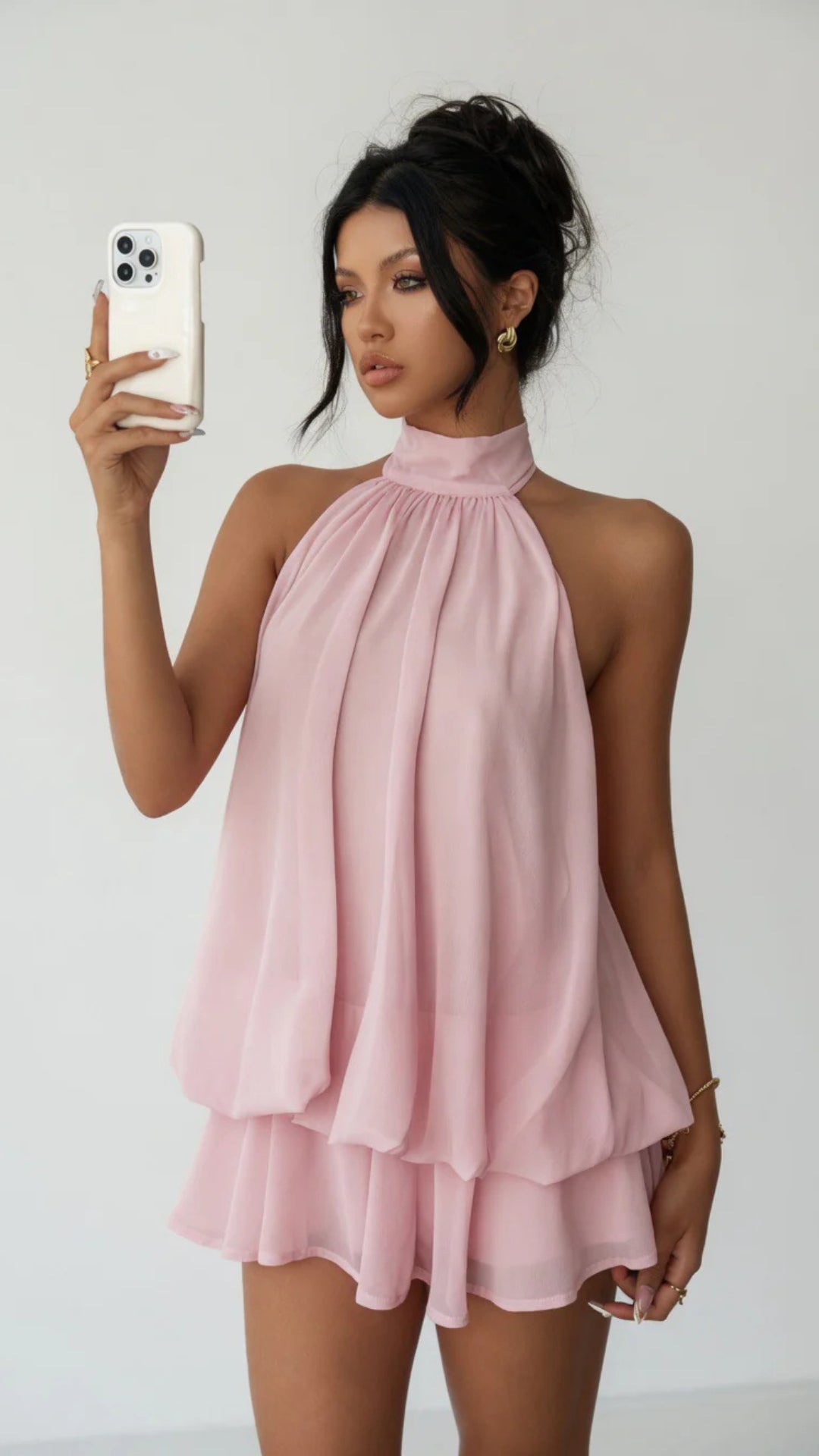 Halter-Neck Mesh Puffy Mini Dress