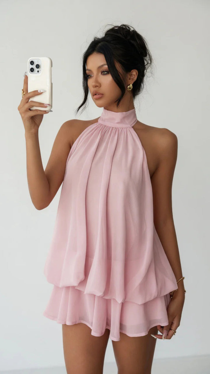 Halter-Neck Mesh Puffy Mini Dress