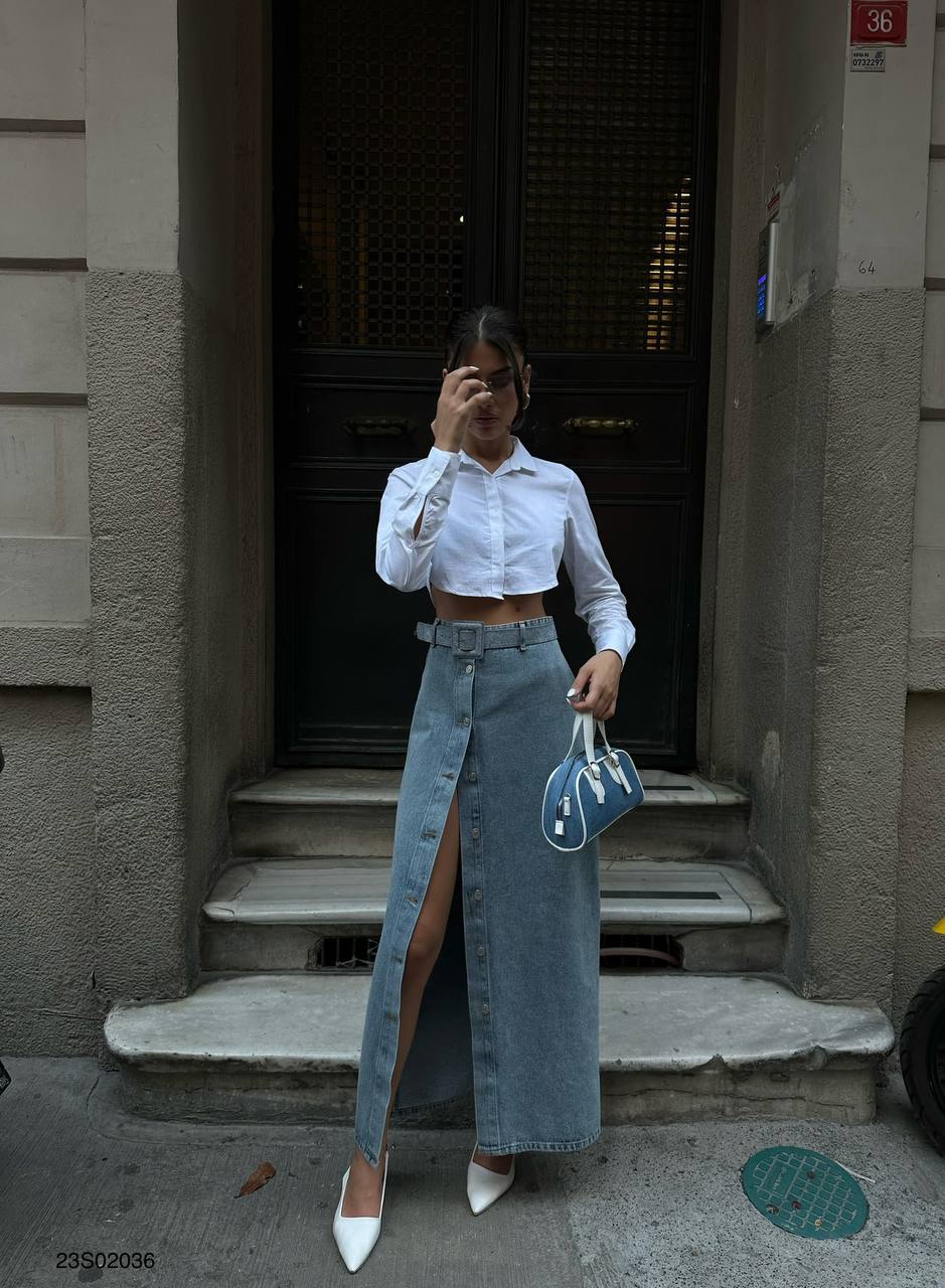 Denim maxi skirt button hotsell