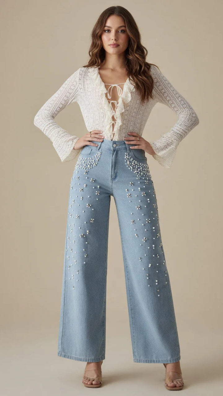 Beaded Detail Straight Leg Denim Jeans