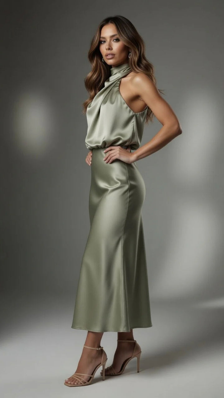 Satin Cowl Halter Neck Midi Dress