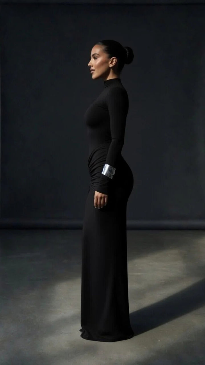 High-Neck Long-Sleeve Maxi Dress