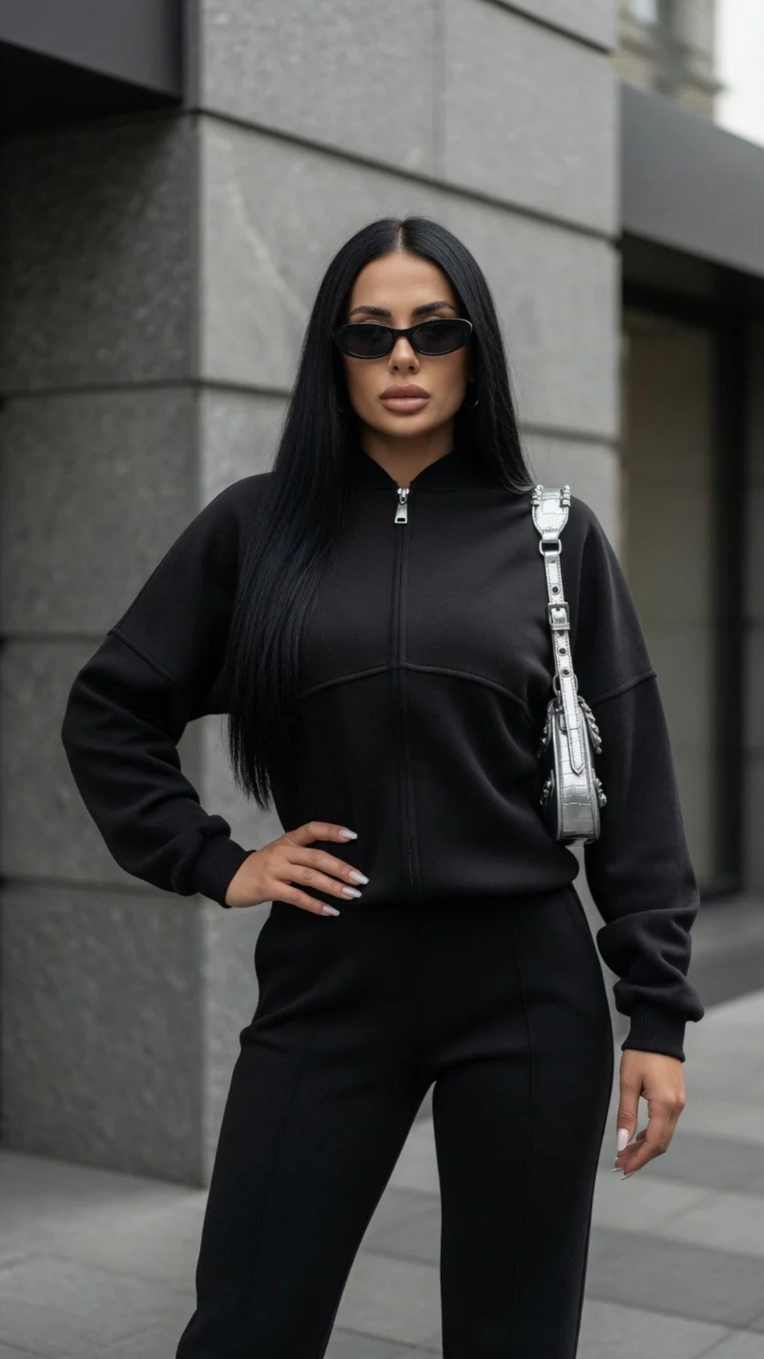 Bomber Zip-Up Cropped Sweatshirt &amp; Wide Leg Trousers Set