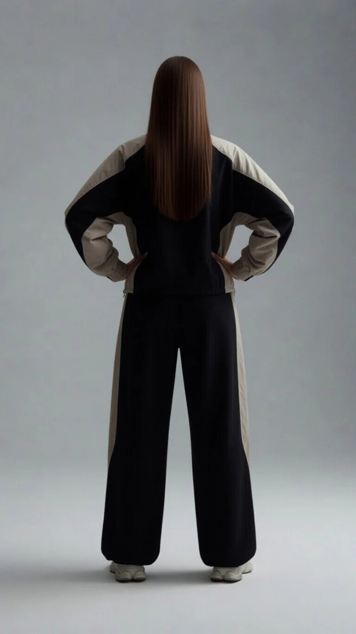 Two-Tone Colour Zip-Up Jacket &amp; Wide Leg Parachute Trouser Set