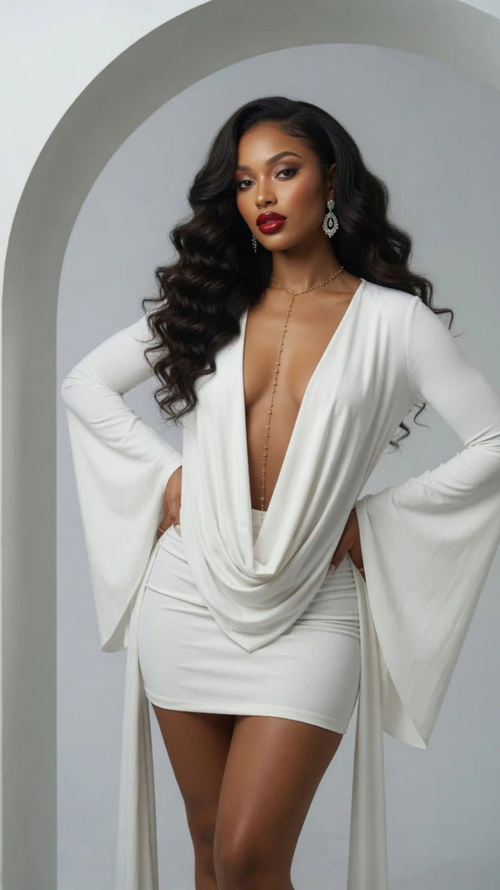 Mesh Cowl-Neck Long Sleeve Mini Dress