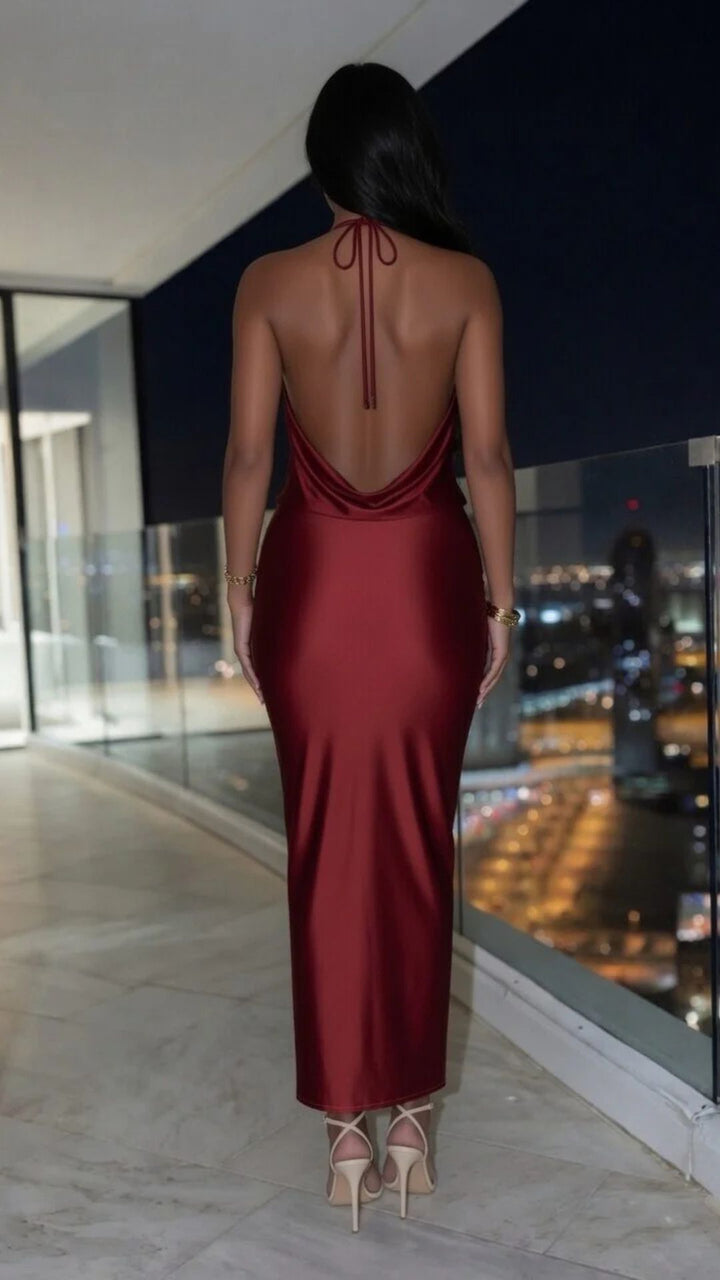 Satin Cowl-Neck Midi Dress