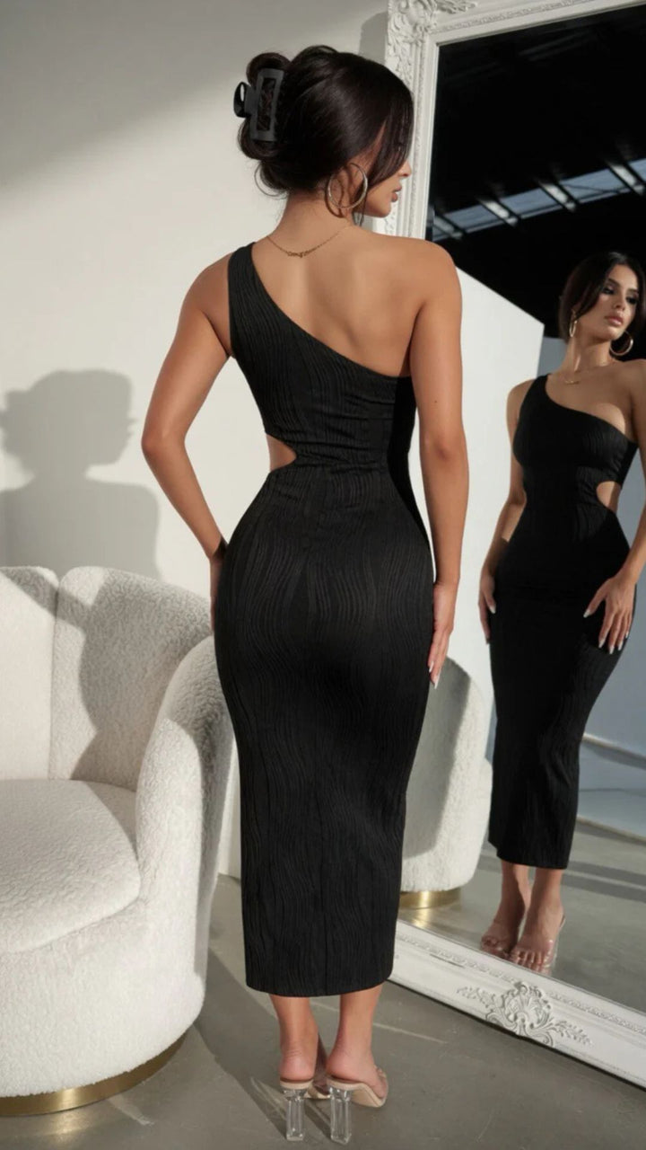 One-Shoulder Textured Cut-Out Detail Bodycon Midi Dress