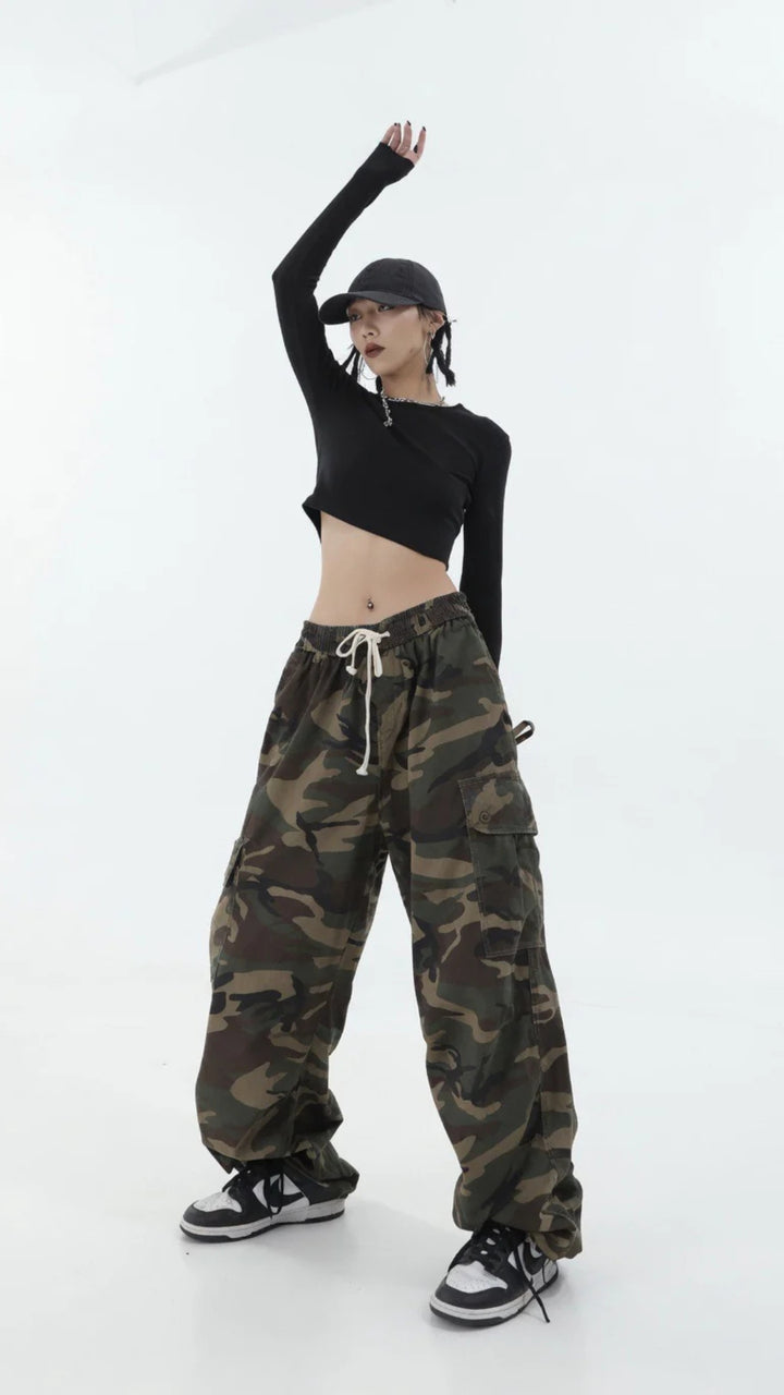 Camouflage Print Multi-Pocket Cargo Trousers