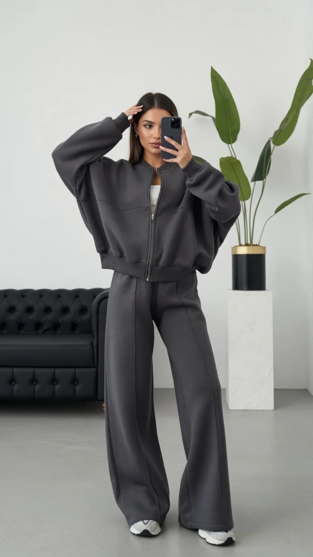 Bomber Zip-Up Cropped Sweatshirt &amp; Wide Leg Trousers Set