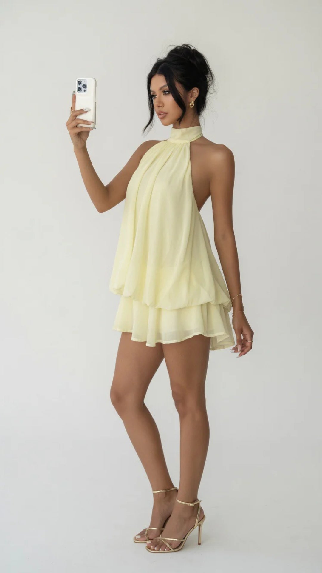 Halter-Neck Mesh Puffy Mini Dress