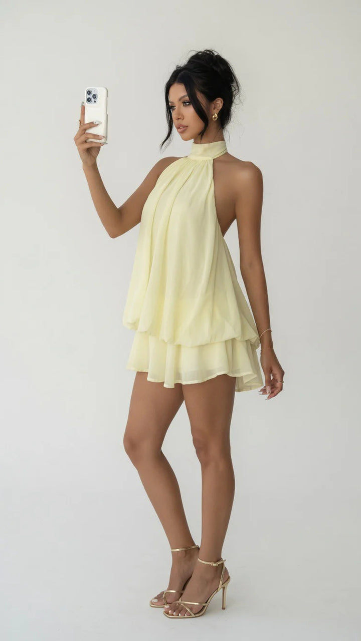 Halter-Neck Mesh Puffy Mini Dress