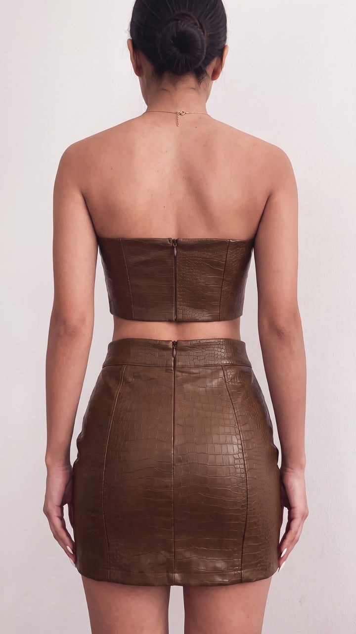 Croc Embossed Faux Leather Strapless Corset Top &amp; Mini Skirt Co-Ord Set