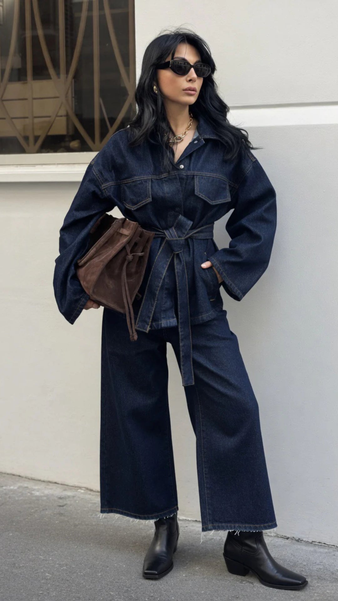 Indigo Blue Belted Denim Jacket &amp; Wide-Leg Jeans Set