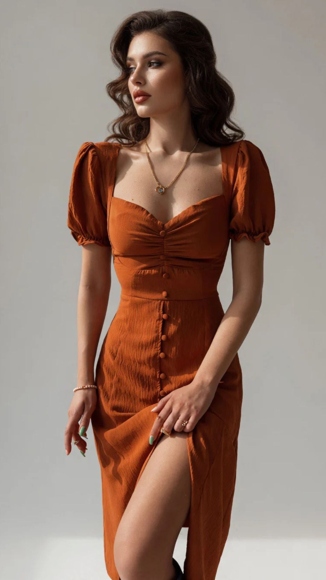 Puff Sleeve Button-Detail Split Midi Dress