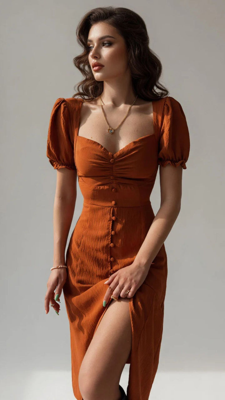 Puff Sleeve Button-Detail Split Midi Dress